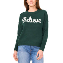 Green holiday sweater with 'Believe' script knit at center front and long sleeves