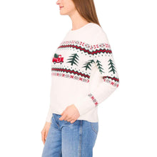 Cream holiday sweater with red truck and pine tree fair isle pattern on sleeves