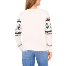 Cream holiday sweater with fair isle pattern on sleeves, back view