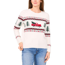 Cream holiday sweater with red truck and pine tree fair isle band across chest