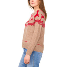 Women’s holiday sweater with red reindeer fair isle pattern, crew neck, long sleeves