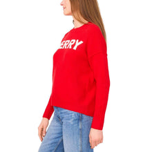 Red holiday sweater with 'MERRY' graphic partly visible on front side