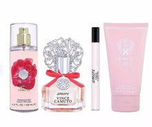 Amore eau de parfum bottle set with clear glass bottle, red ribbon, pink lotion tube