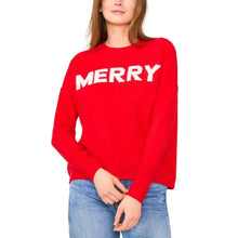 Red holiday sweater with 'MERRY' knit lettering at chest and long sleeves