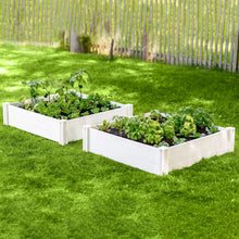 2-pack raised garden beds with white sides and leafy greens in black soil