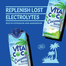Coconut water carton and pouch with blue label and green coconut graphics