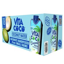 Coconut water multipack carton with blue bottle graphics and 18-pack count