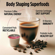Slim coffee cup and mini pods with superfood ingredient graphic