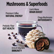 Mushroom focus coffee with cup and mushroom illustrations on a purple-gray graphic