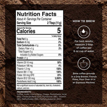 Coffee nutrition facts panel with calories, carbs, vitamins, and ingredients text