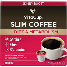 Medium-dark roast coffee pods box with Slim Coffee branding, red and brown design