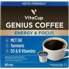 VitaCup Genius coffee pods box, medium dark roast with cinnamon notes, 60 count