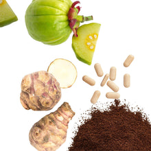 Instant coffee and Garcinia fiber ingredients with spices and fruit pieces