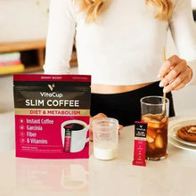 Slim coffee sticks package and stick poured into a clear drink cup