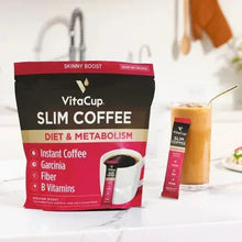Slim coffee sticks package beside coffee drink and single-serve stick