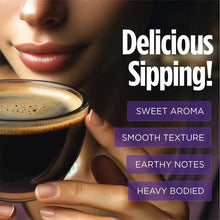 Coffee mug held near lips with sweet aroma, smooth texture, and earthy notes text