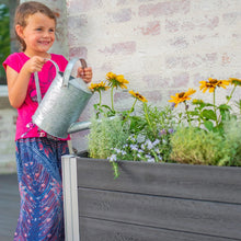 Elevated garden planter with yellow blossoms and green herbs in a raised wood bed