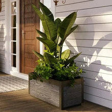 Planter box with tall green plants and dense foliage, gray wood-grain with black frame