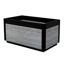 Planter box side view with gray wood-grain panel and black edging, empty interior