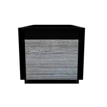 Planter box front view with gray wood-grain panel and black frame, empty