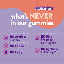 Gummy multivitamin ingredient callouts: no artificial flavors, gluten, dairy, high fructose