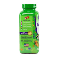 Multivitamin gummy supplement bottle, back label panel with ingredient icons and awards
