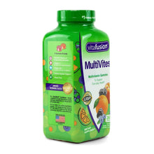 Multivitamin gummy supplement bottle, side label with nutrition icons and USP seal