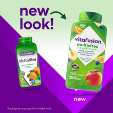 Multivitamin gummy supplement bottle promo, two bottles shown in green and purple