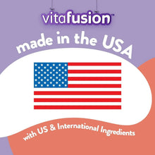 Gummy multivitamin made in the USA badge with U.S. flag graphic