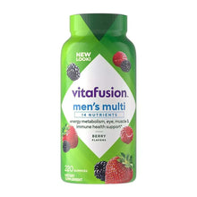 Vitafusion men’s multivitamin bottle, green with berry and blackberry graphics