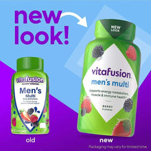 Vitafusion men’s multivitamin bottles showing old vs new packaging with berry graphics