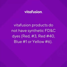 Vitafusion products text: no synthetic FD&C dyes (Red #3, Red #40, Blue #1, Yellow #6)
