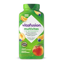 Vitafusion multivitamin gummy supplement bottle, green front label and 260 gummies