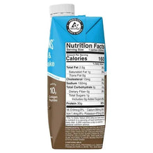 Chocolate collagen & protein shake carton, Nutrition Facts panel and serving details