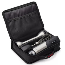 Vitamix immersion blender and whisk in open black zip case with mesh pocket