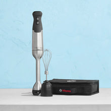Immersion blender with whisk attachment and compact storage case, black handle and metal shaft
