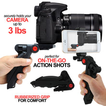 Black mini tripod pistol grip holding a phone with a camera mounted on top