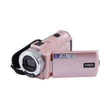 Pink compact digital camcorder with flip screen and front lens housing