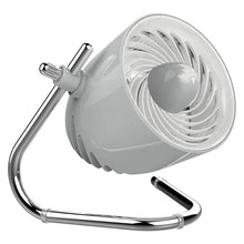 Light gray personal air circulator fan, side view with grille and chrome stand