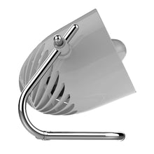 Light gray personal air circulator fan angled with chrome support bar