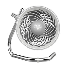 Light gray personal air circulator fan with front grille and pivoting base