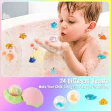 Child playing in foamy bath with floating starfish and animal bath bomb toys
