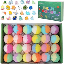 Kids bath bomb set with 24 colorful bath bombs in an open cardboard box