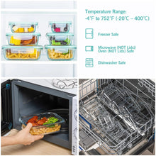 Glass food storage containers with clear lids and turquoise frames, freezer and oven safe