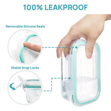 Airtight glass food container with snap-lock lid and removable silicone seal, turquoise