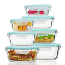 Glass meal prep storage containers set with airtight locking lids and turquoise seals