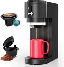 Black 14-cup drip coffee maker with red mug and drip tray