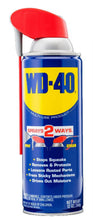 Multi-use lubricant spray can close-up, red straw cap and blue label
