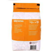 Ground coffee bag back panel with brewing recommendations and measurement notes