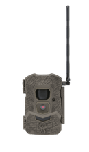 Cellular trail camera with gray camouflage housing and front sensor window, plus antenna